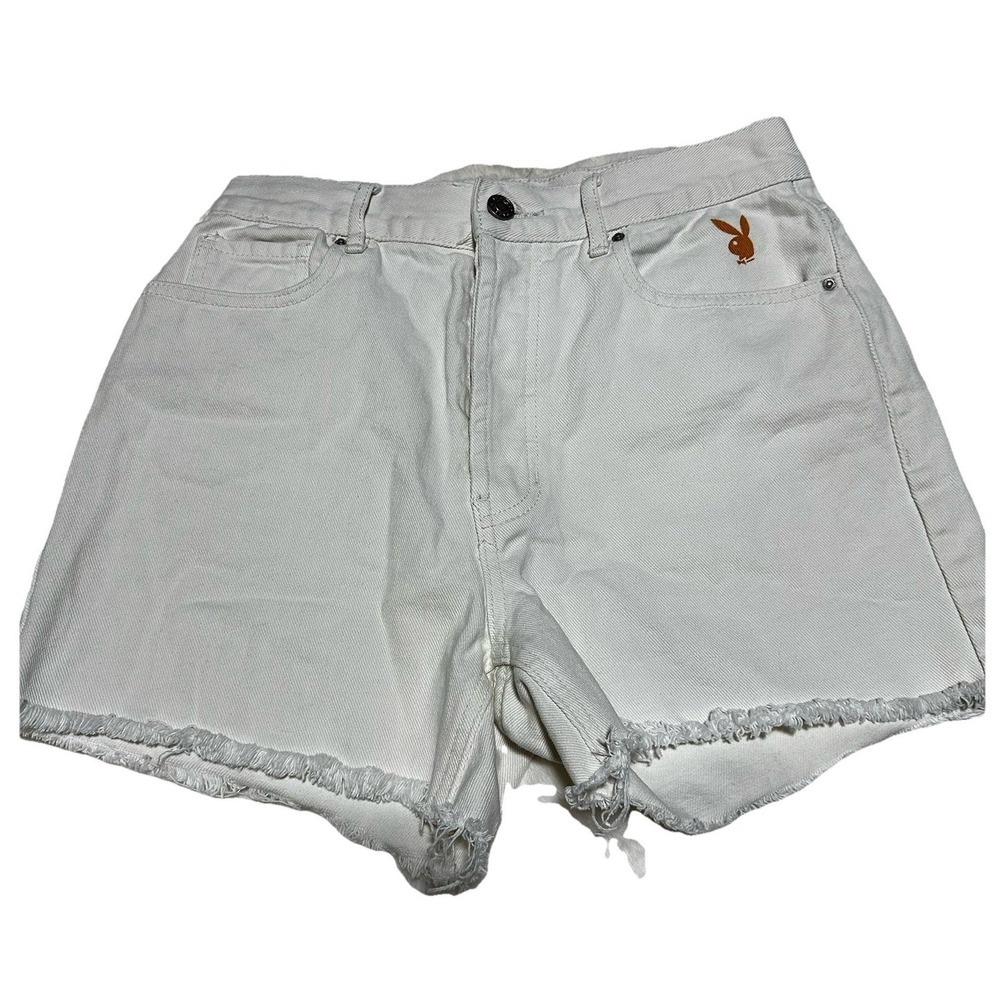 Playboy by PacSun Womens Off-White High Waisted Denim Shorts Size 26 Bunny Logo